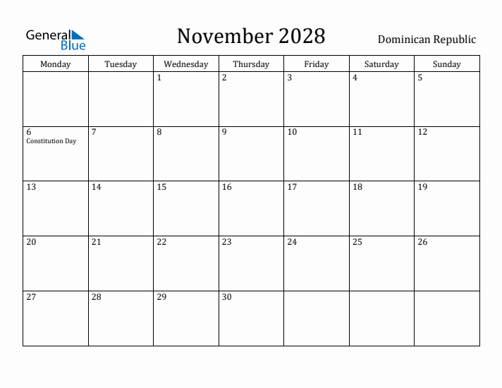 November 2028 Calendar Dominican Republic