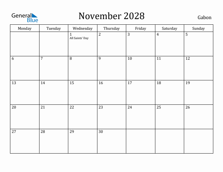 November 2028 Calendar Gabon