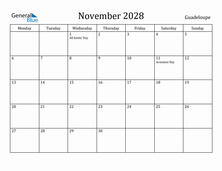 November 2028 Calendar Guadeloupe