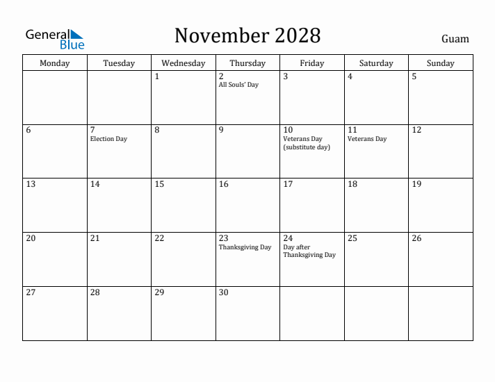 November 2028 Calendar Guam