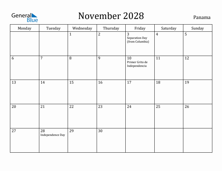 November 2028 Calendar Panama