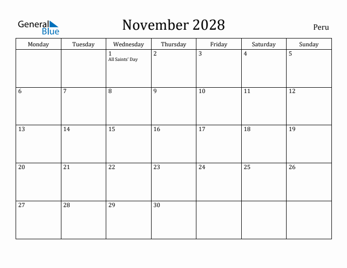 November 2028 Calendar Peru