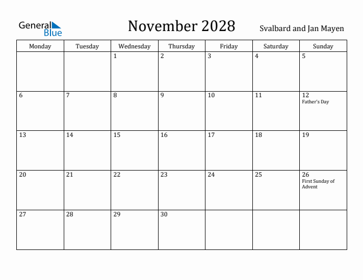 November 2028 Calendar Svalbard and Jan Mayen