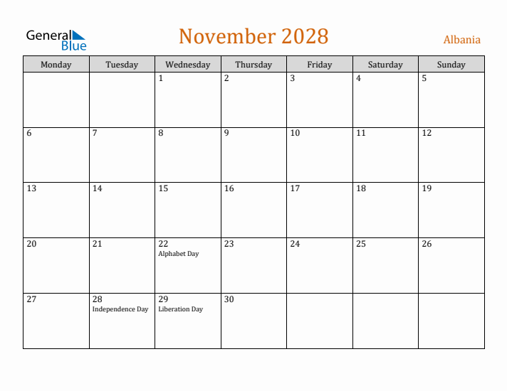 November 2028 Holiday Calendar with Monday Start