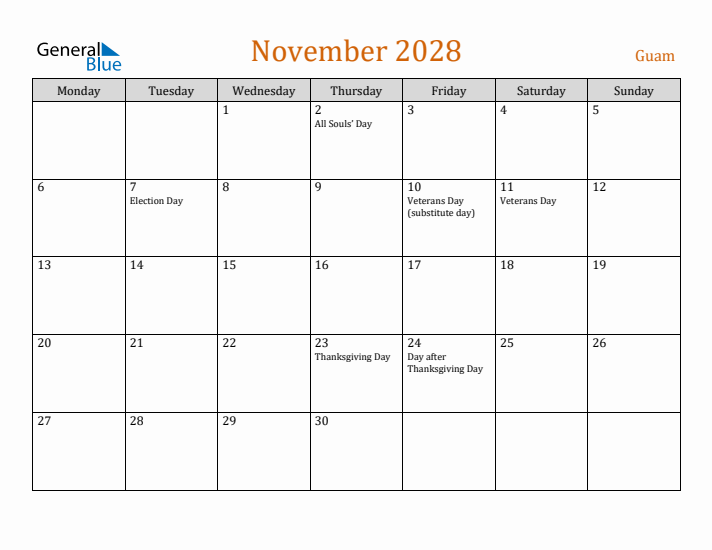 November 2028 Holiday Calendar with Monday Start