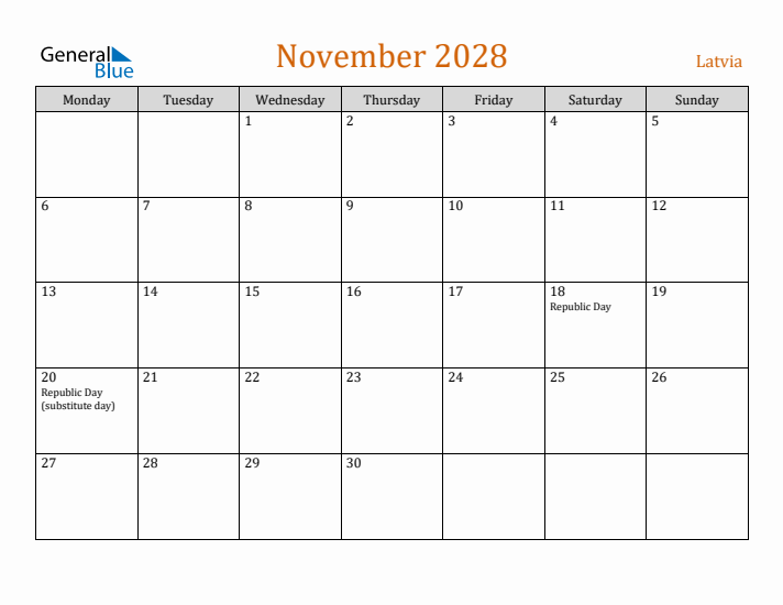 November 2028 Holiday Calendar with Monday Start