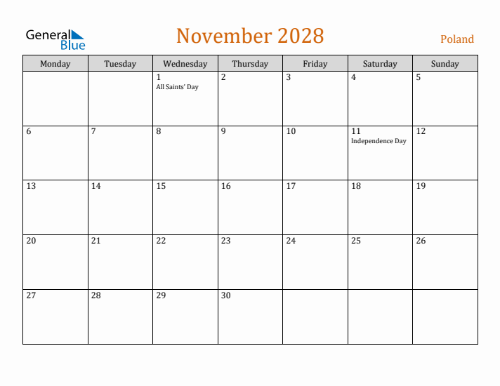 November 2028 Holiday Calendar with Monday Start