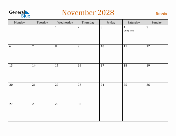 November 2028 Holiday Calendar with Monday Start