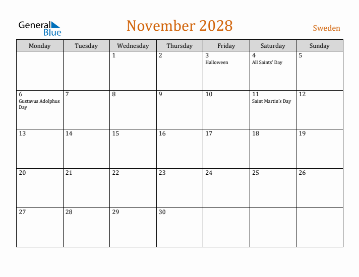 November 2028 Holiday Calendar with Monday Start