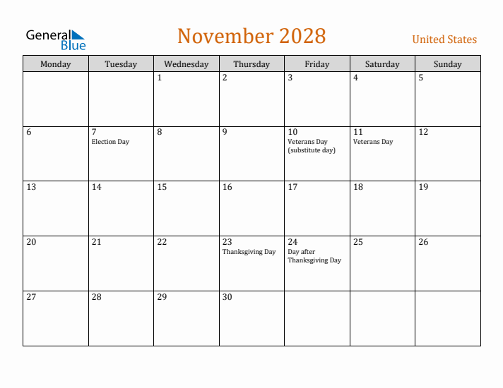 November 2028 Holiday Calendar with Monday Start