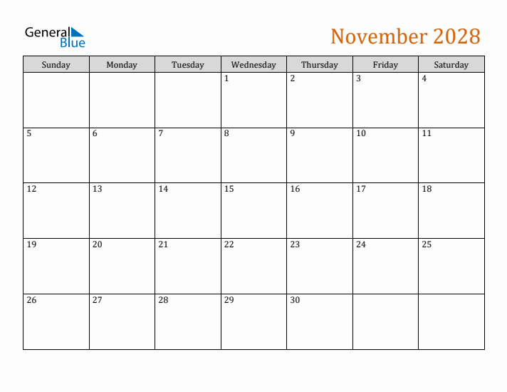 Editable November 2028 Calendar