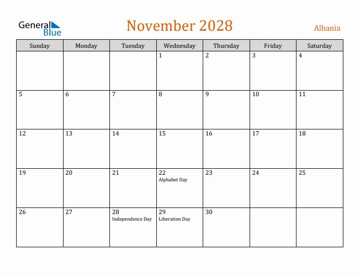 November 2028 Holiday Calendar with Sunday Start