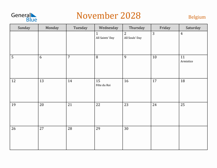 November 2028 Holiday Calendar with Sunday Start