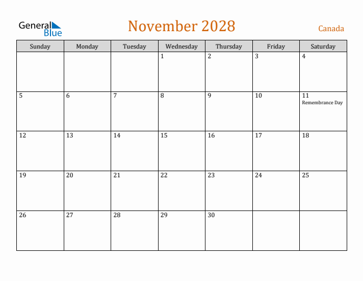 November 2028 Holiday Calendar with Sunday Start