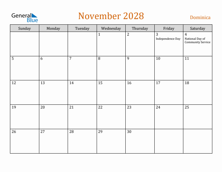 November 2028 Holiday Calendar with Sunday Start