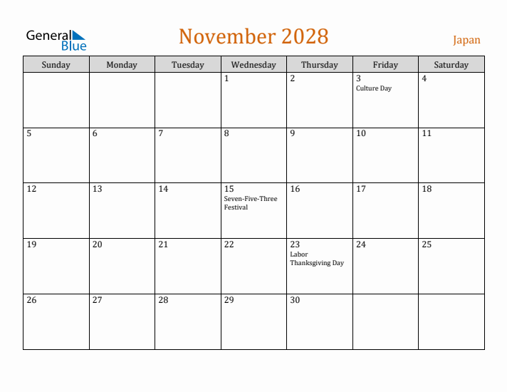 November 2028 Holiday Calendar with Sunday Start