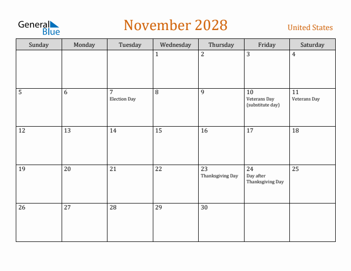 November 2028 Holiday Calendar with Sunday Start