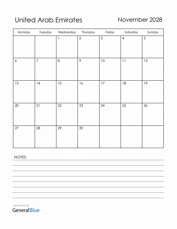 November 2028 United Arab Emirates Calendar with Holidays (Monday Start)