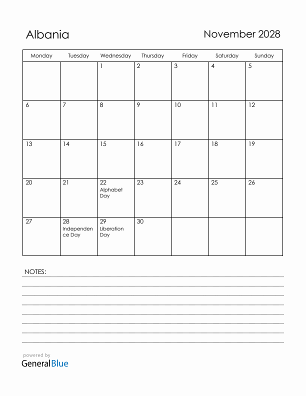 November 2028 Albania Calendar with Holidays (Monday Start)