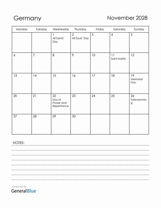 November 2028 Germany Calendar with Holidays (Monday Start)