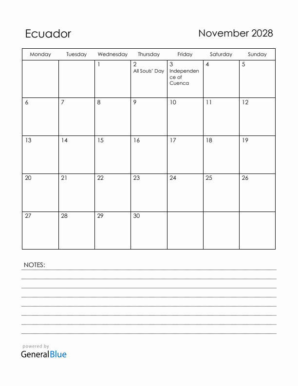 November 2028 Ecuador Calendar with Holidays (Monday Start)