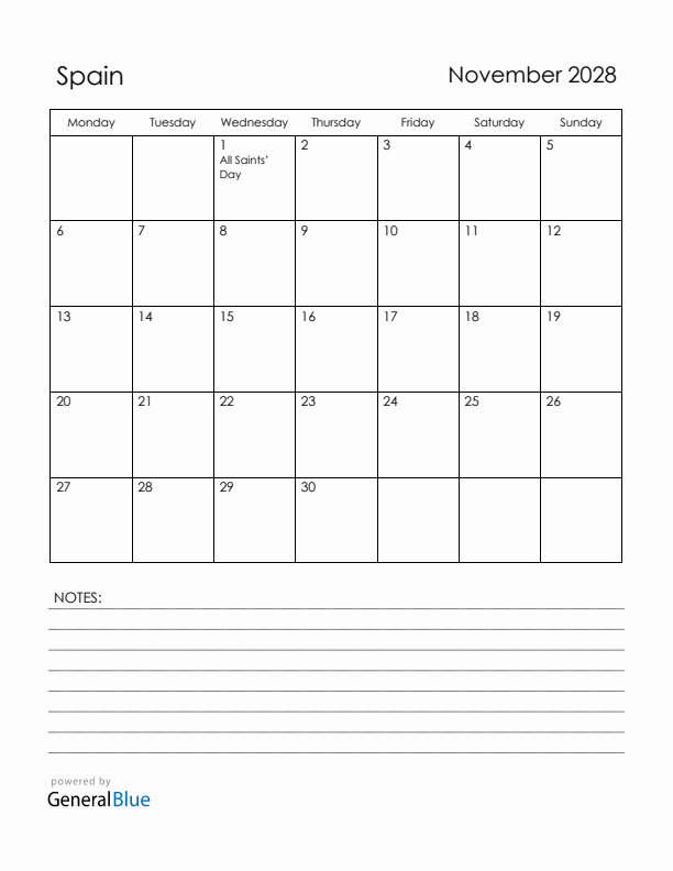 November 2028 Spain Calendar with Holidays (Monday Start)