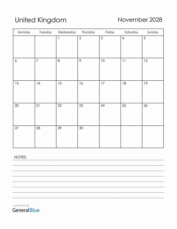 November 2028 United Kingdom Calendar with Holidays (Monday Start)