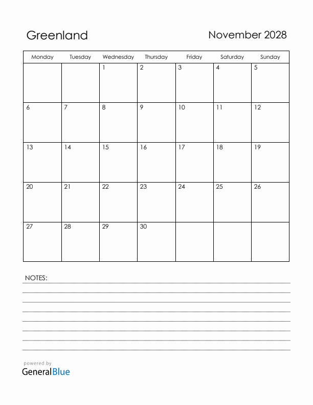 November 2028 Greenland Calendar with Holidays (Monday Start)