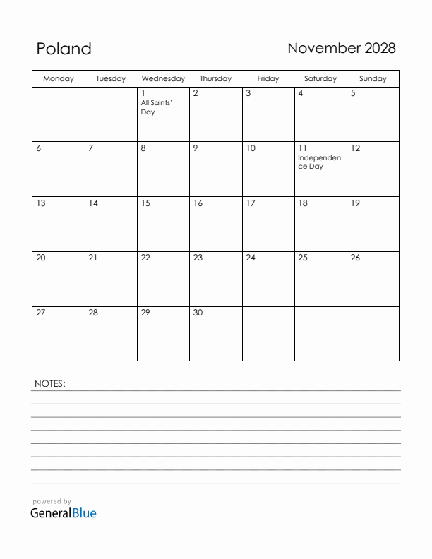 November 2028 Poland Calendar with Holidays (Monday Start)