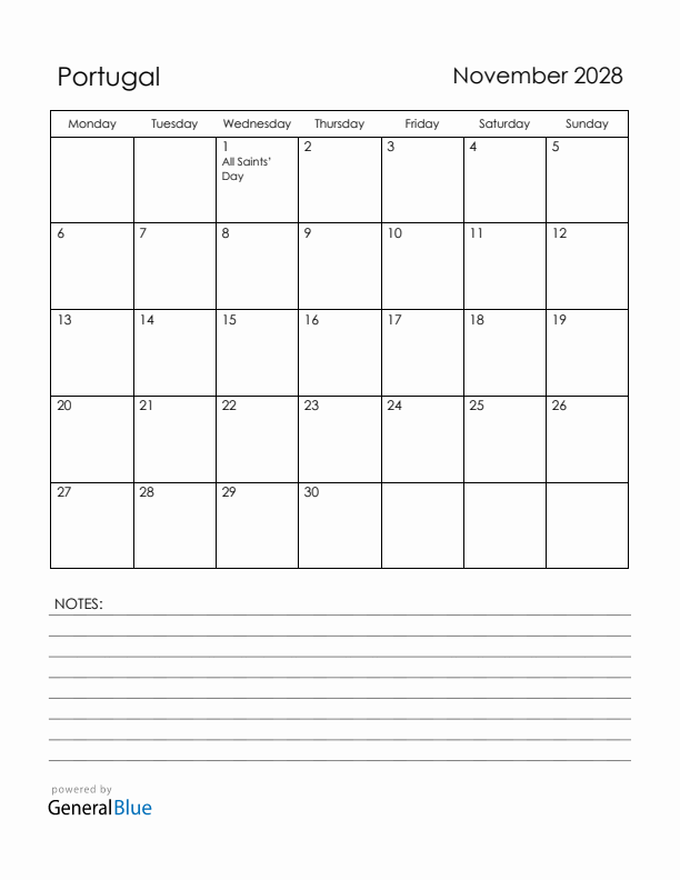 November 2028 Portugal Calendar with Holidays (Monday Start)