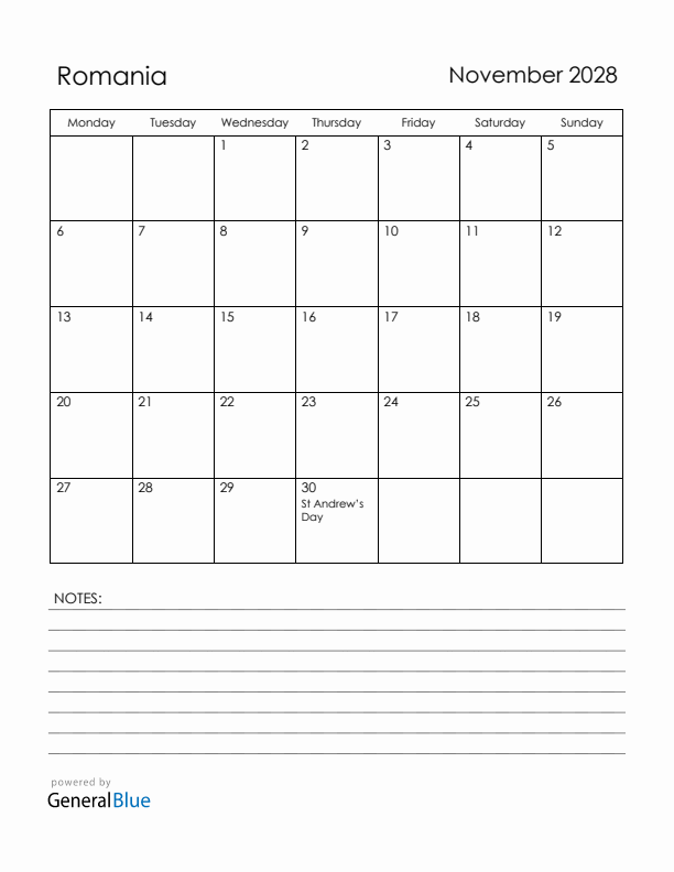 November 2028 Romania Calendar with Holidays (Monday Start)