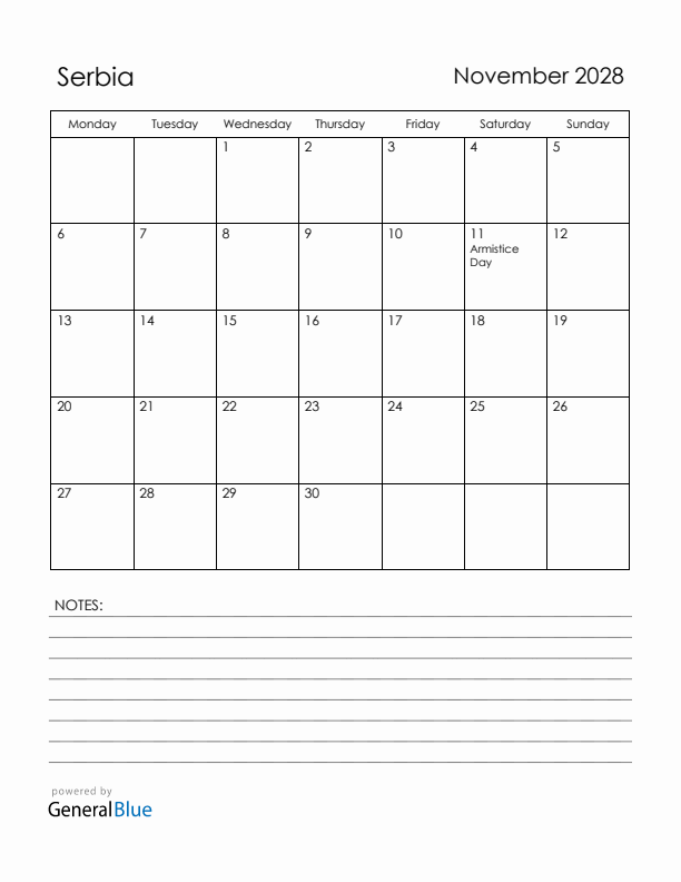 November 2028 Serbia Calendar with Holidays (Monday Start)