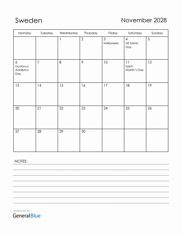 November 2028 Sweden Calendar with Holidays (Monday Start)