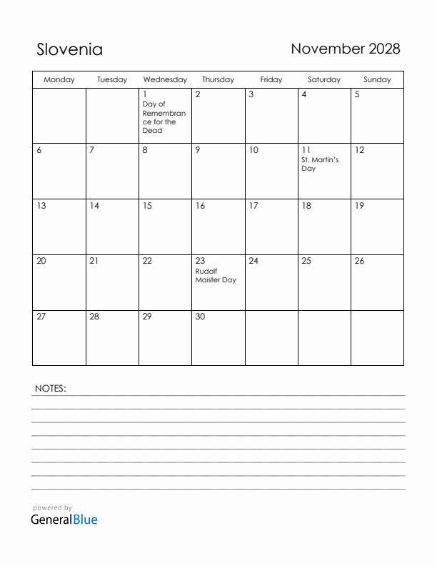 November 2028 Slovenia Calendar with Holidays (Monday Start)