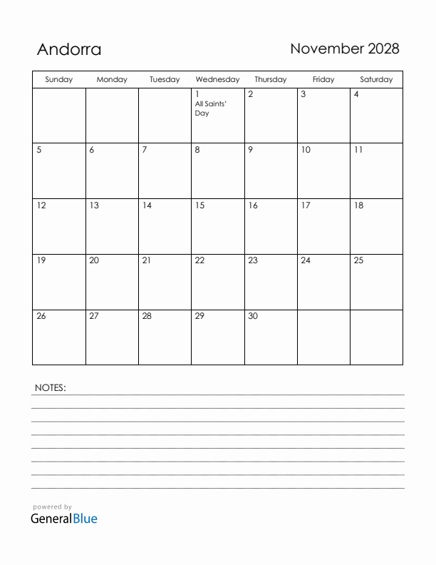 November 2028 Andorra Calendar with Holidays (Sunday Start)