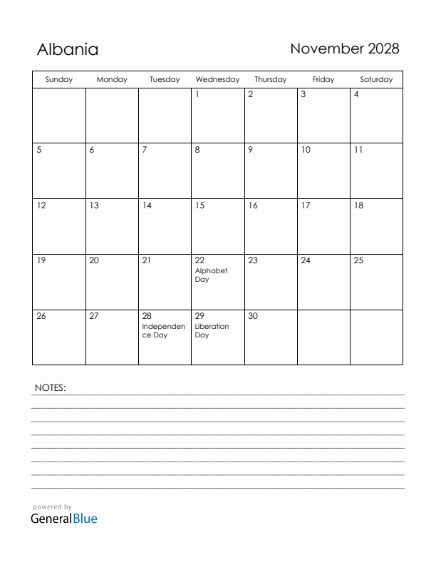 November 2028 Albania Calendar with Holidays (Sunday Start)