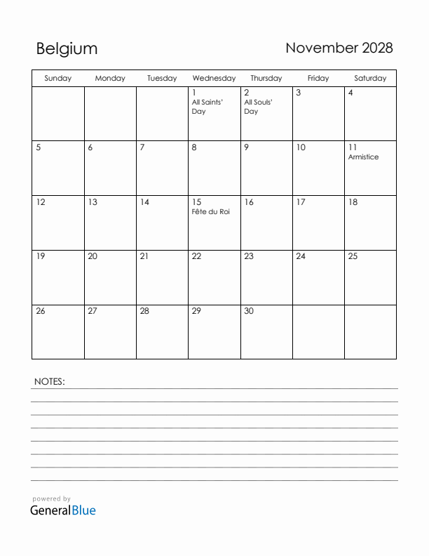 November 2028 Belgium Calendar with Holidays (Sunday Start)