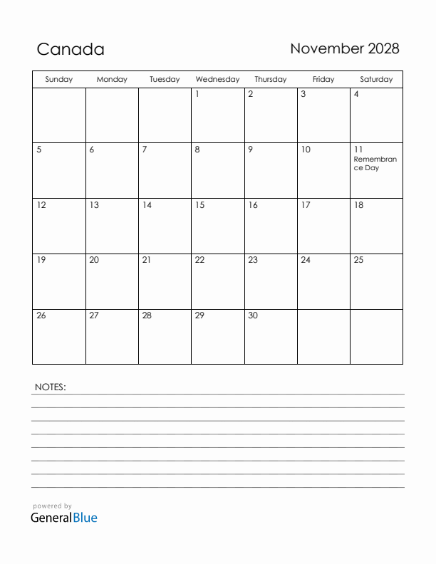 November 2028 Canada Calendar with Holidays (Sunday Start)