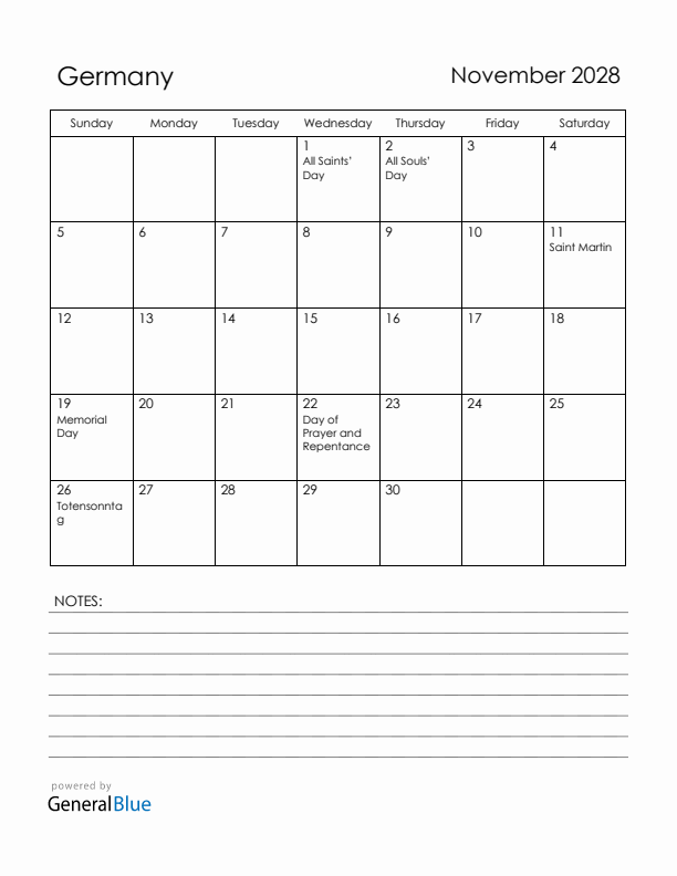 November 2028 Germany Calendar with Holidays (Sunday Start)