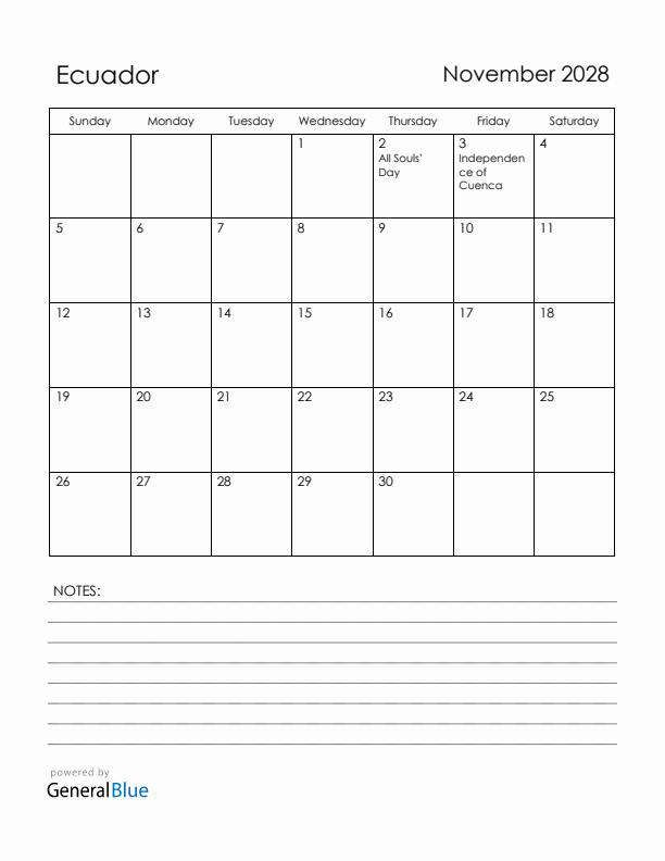 November 2028 Ecuador Calendar with Holidays (Sunday Start)