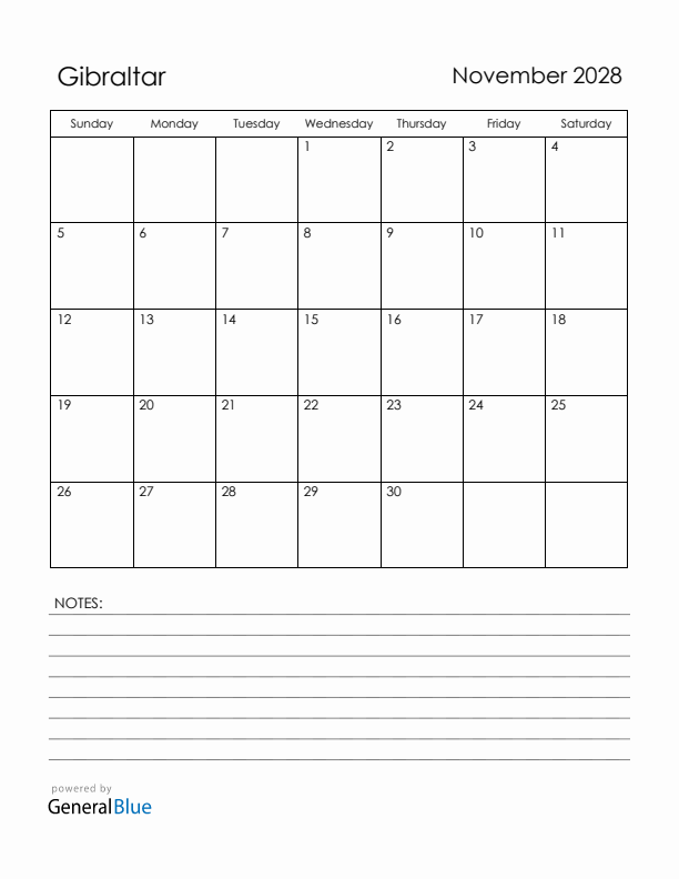 November 2028 Gibraltar Calendar with Holidays (Sunday Start)