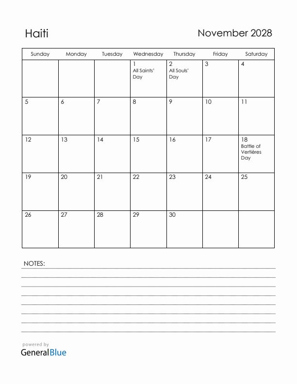 November 2028 Haiti Calendar with Holidays (Sunday Start)