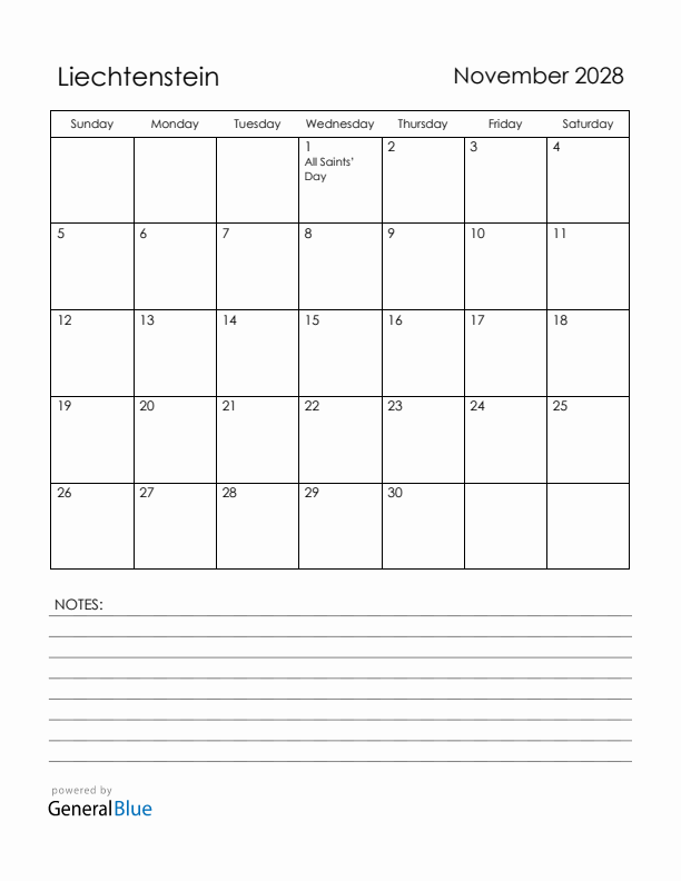 November 2028 Liechtenstein Calendar with Holidays (Sunday Start)