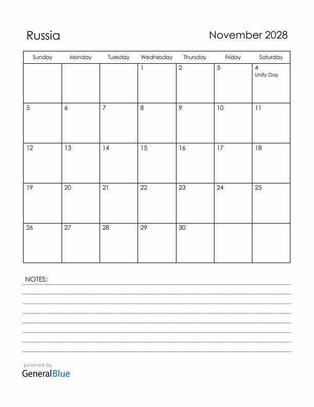 November 2028 Russia Calendar with Holidays (Sunday Start)
