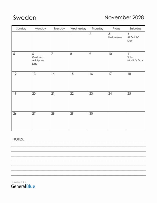 November 2028 Sweden Calendar with Holidays (Sunday Start)