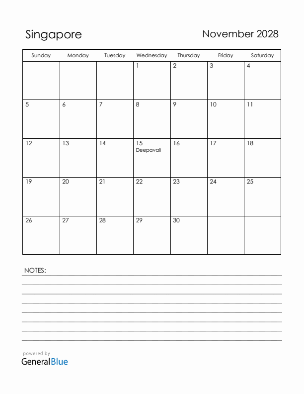 November 2028 Singapore Calendar with Holidays (Sunday Start)