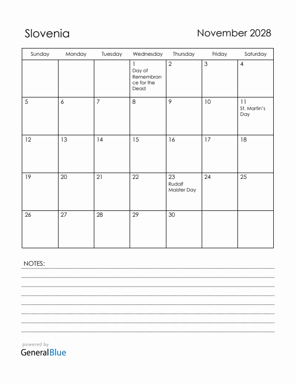 November 2028 Slovenia Calendar with Holidays (Sunday Start)