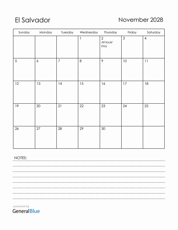 November 2028 El Salvador Calendar with Holidays (Sunday Start)