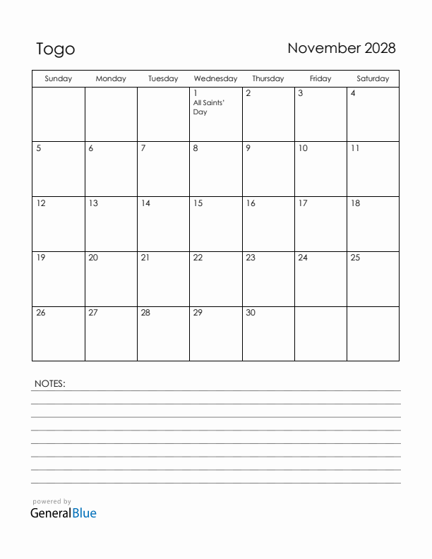 November 2028 Togo Calendar with Holidays (Sunday Start)