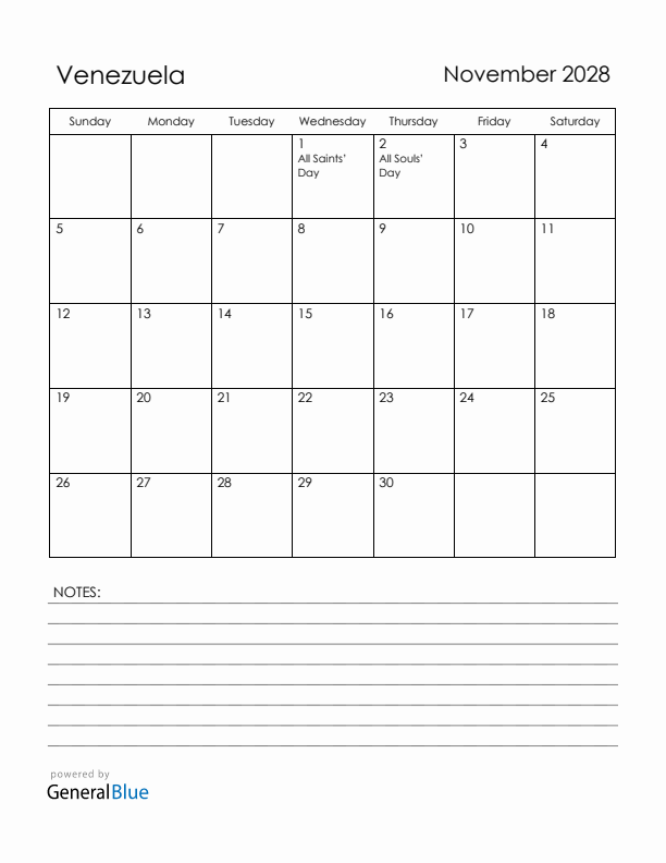 November 2028 Venezuela Calendar with Holidays (Sunday Start)